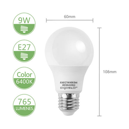 Żarówka LED E27 9W zimna 6400K A60
